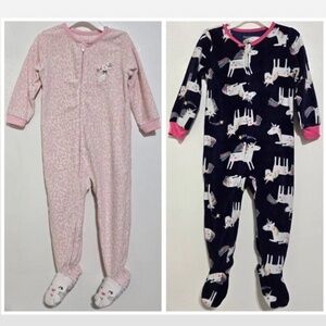 2 Footed Fleece Pajamas Girls 2T Animal Print Pink Leopard Cat & Blue Unicorn